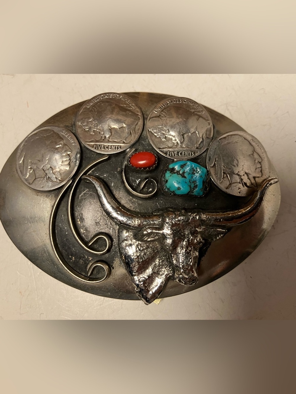 Vintage Southwestern Longhorn Turquoise Coral Buffalo Nickel Belt Buckle